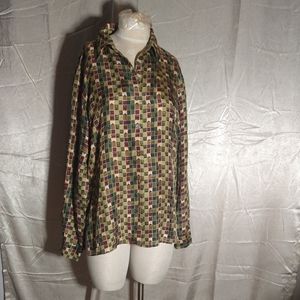 Vintage 80s 100% Silk Long Sleeve Button Up Oversize Fit Geometric Print Blouse